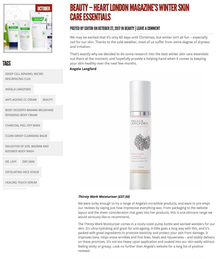 Heart London reviews natural moisturiser thirsty work by angela langford skincare